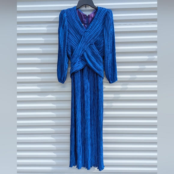 Vintage Lillie Rubin Royal Blue accordion pleat criss cross cummerbund maxi dres - Picture 1 of 7